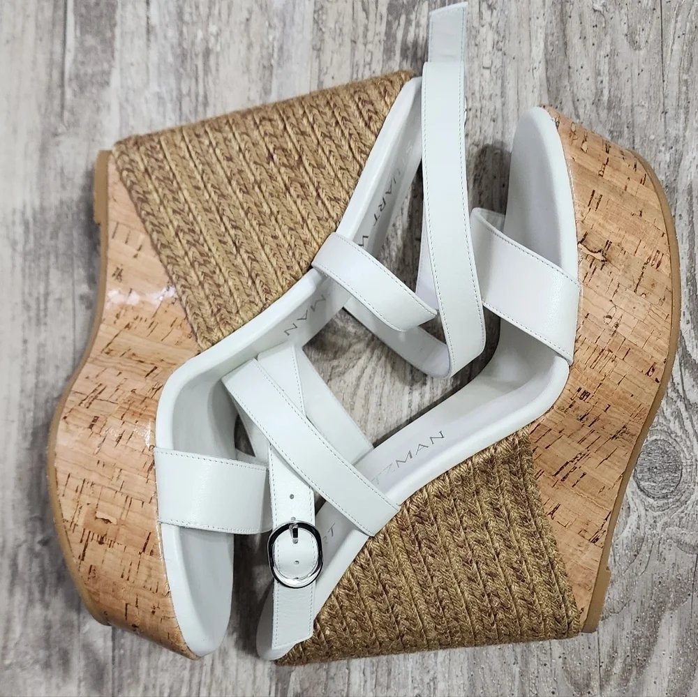 Stuart Weitzman 5050 Wedge Sandal Women's Size 10 White Natural Leather - Picture 12 of 14